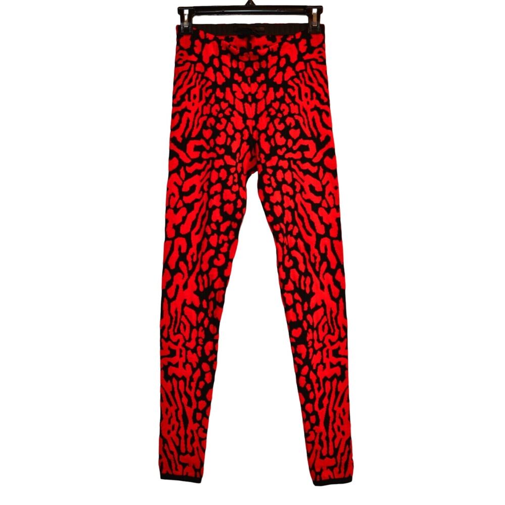 RVN S Thick Knit Leggings Leopard Red Black Geometric Jacquard Pants Tight